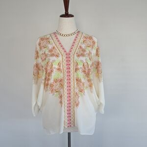 Rose & Olive Floral Embroidered Blouse - Cream and Pink